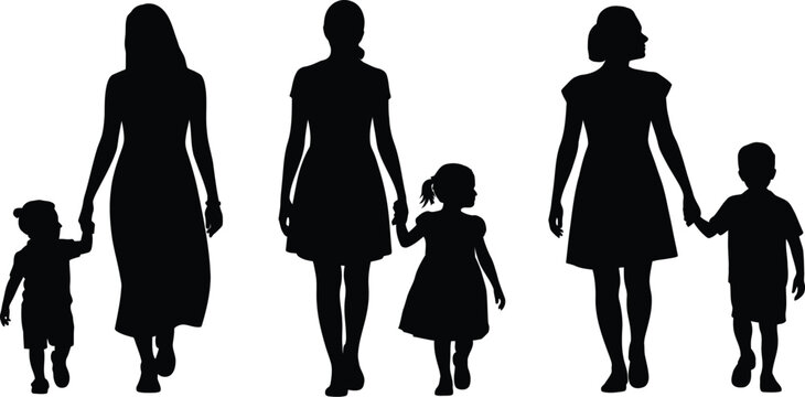 Single mother with kid silhouette collection showing family parent and childhood bonds with young boys and girls walking