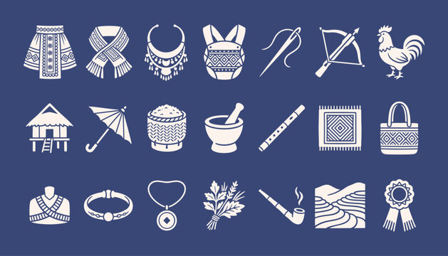 Hmong ethnic culture icons representing village life and traditional textile craftsmanship