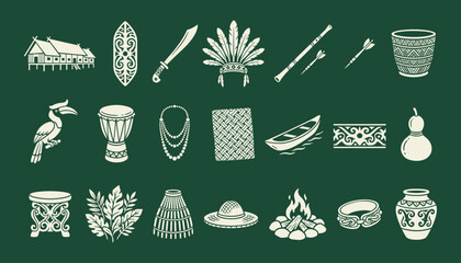 Dayak Borneo heritage icons featuring traditional tribal symbols and ethnic cultural elements © 777SKYLABS