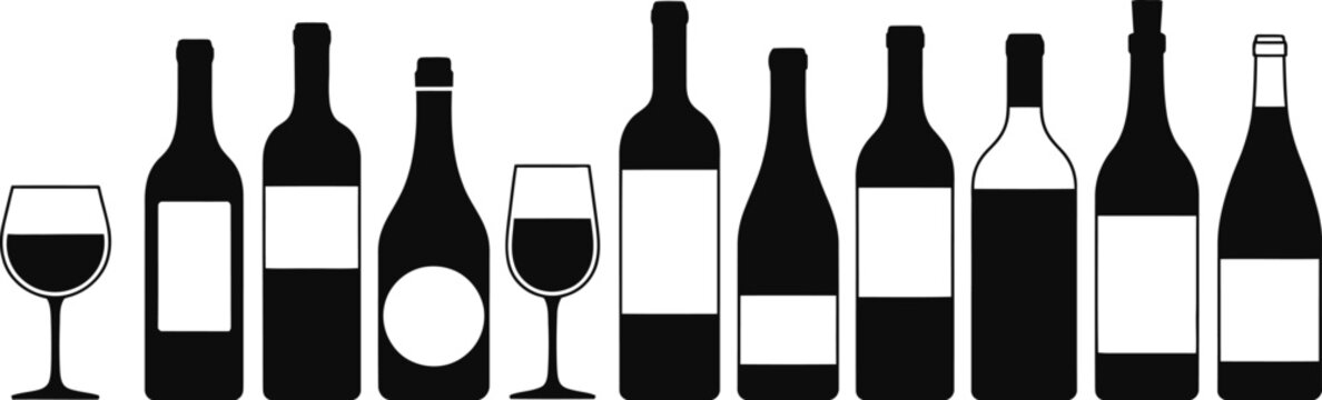 Assorted wine bottles and wineglasses vector line up elements for bar menu restaurant list winery tasting and cellar design