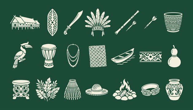Dayak Borneo heritage icons featuring traditional tribal symbols and ethnic cultural elements
