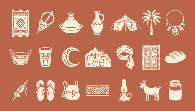 Amazigh culture heritage icon collection featuring North African nomadic symbols and ethnic elements