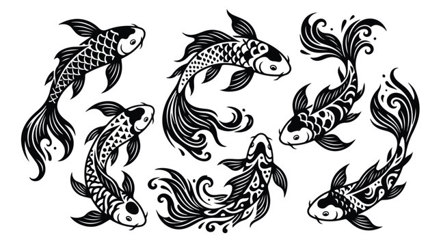 Elegant black and white illustration of six koi fish swimming in a circular pattern with flowing fins and detailed