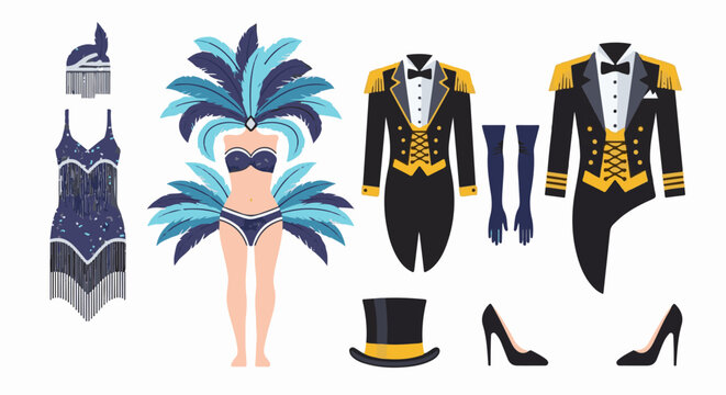 A collection of costumes including a flapper dress, feathered costume, formal wear, and accessories