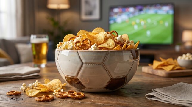 Bowl of salty snacks prepared for watching a soccer match