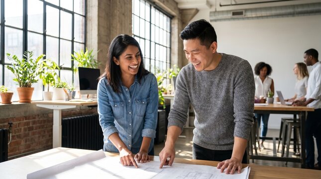 Two colleagues collaborate on architectural plans in a modern office setting with coworkers nearby