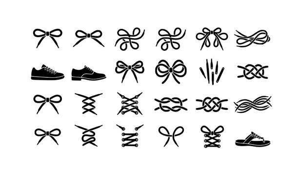 Modern black shoelace silhouettes with decorative footwear lace vector icons