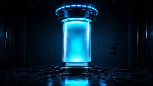 A futuristic chamber illuminated in blue light, surrounded by dark metallic walls and cables, suggesting advanced technology.