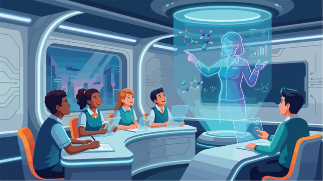 Students learn science from a holographic teacher in futuristic classroom