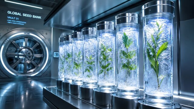 A high-tech seed bank storing plant specimens in transparent tubes filled with liquid, showcasing conservation efforts for biodiversity.