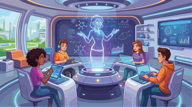 Students attending a futuristic holographic lecture in a modern classroom