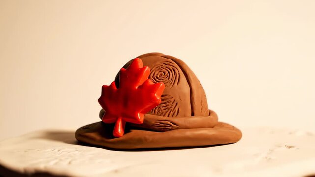 3D claymation brown Mountie hat with red maple leaf badge on white clay surface, slow 360-degree orbit, fingerprint clay texture, warm studio light, Canada Day charming toy aesthetic b-roll copy space