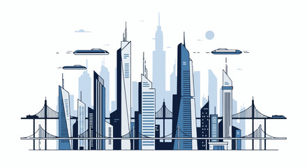 Obraz premium A futuristic city skyline with sleek skyscrapers, bridges, and airborne vehicles