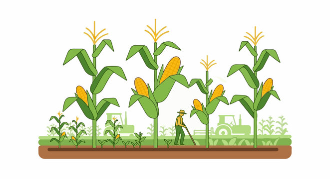 A farmer tending to a cornfield with tractors in the background