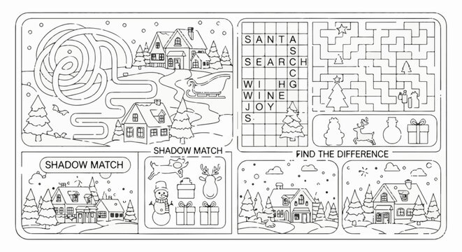 A festive activity sheet with maze, word search, shadow match, and difference finding