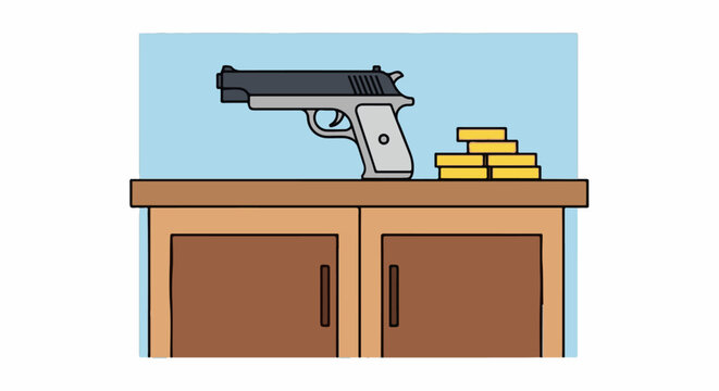 A firearm and stacked gold coins rest on a wooden cabinet