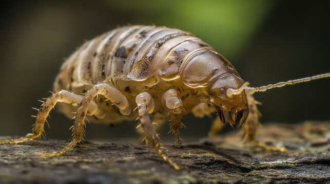 macro shot displays the intricate details of a woodlouse resting on textured bark.