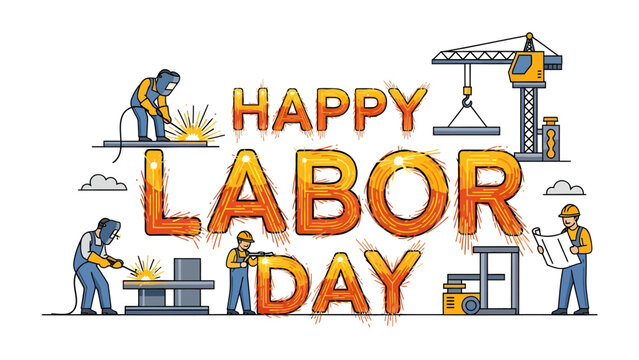 Happy Labor Day Illustration: A vibrant graphic celebrating Labor Day, depicting workers engaged in various industrial tasks like welding and blueprint reading.