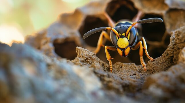Yellow jacket wasp emerges from its nest in the wilderness.