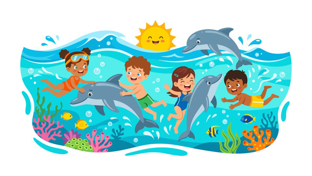 Ocean Fun with Dolphins: A vibrant illustration depicts children joyfully swimming and playing with dolphins in the clear blue ocean water, under a cheerful sun.