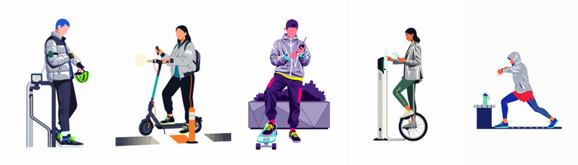 Modern Urban Mobility Set: People Using Electric Scooters, Unicycles, Skateboards, and Smart Technology for City Commuting and Active Lifestyle Vector Illustration. © Kenji