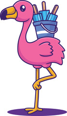 Naklejka premium Cute flamingo carrying a bucket of popsicles