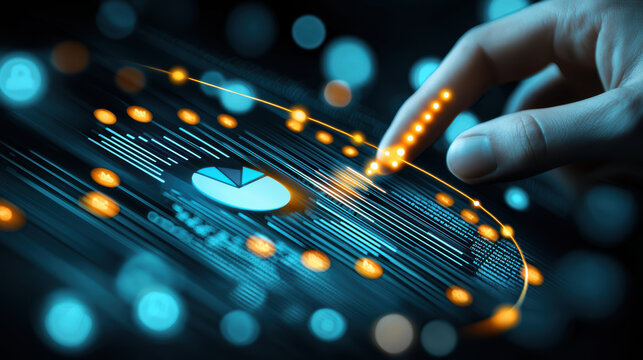 Digital interface with glowing data charts and hand interacting, showing futuristic technology and data analysis in dark environment