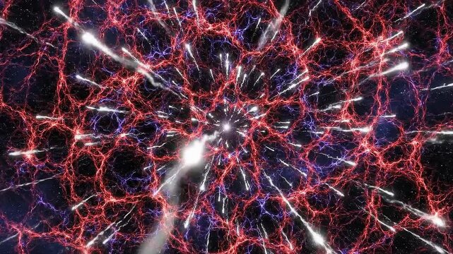 Crimson and indigo cosmic web time lapse showing the expansion and movement of stars and galaxies in deep space