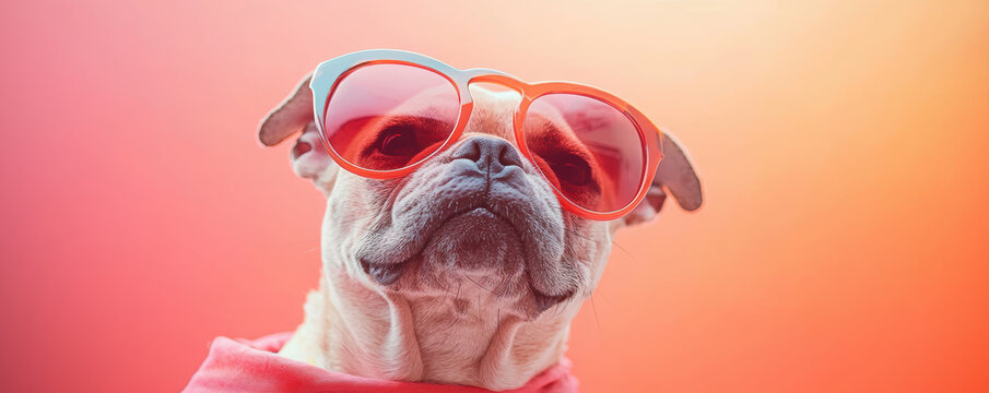 Stylish bulldog wearing red sunglasses and pink cape looks confident with warm gradient background creating vibrant summer vibe