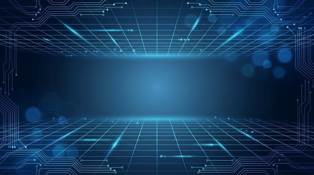 Blue futuristic virtual grid room with glowing perspective lines and cyber technology environment