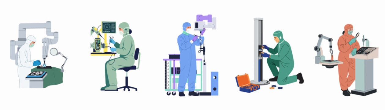Vector illustration set of engineers and technicians working with advanced robotic equipment in a cleanroom environment for microelectronics and high-tech manufacturing.