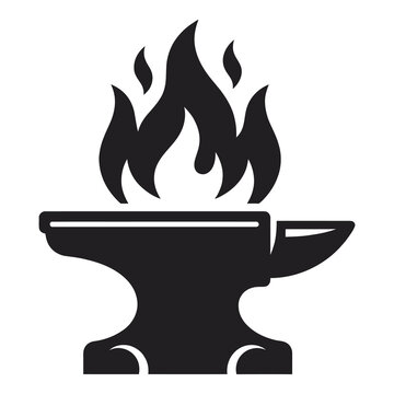 Black silhouette of an anvil with flames on top  industrial metalwork symbol icon