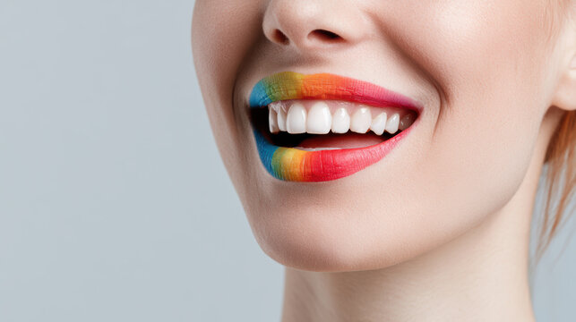 Vibrant rainbow lips smiling with flawless white teeth on smooth skin, close up of colorful makeup and joyful expression