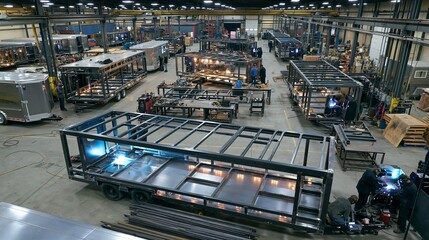 Fototapeta premium Medium angle capturing workers constructing utility trailers showcasing precision welding and structural framework in a bright organized fabrication area.