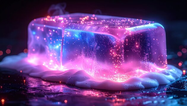 Glowing Abstract Gelatinous Cube with Sparkling Particles.