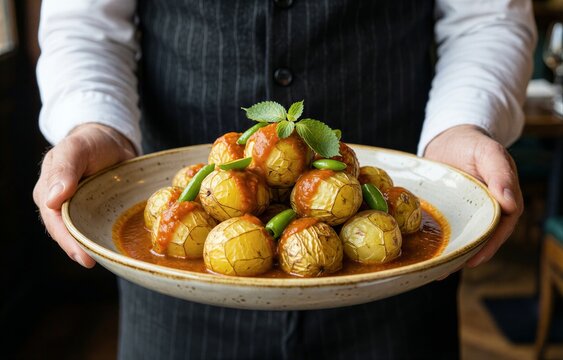 Bowl of Papas Arrugadas, wrinkled potatoes with mojo sauces, garnished with herbs. Concept of culinary delights with focus on texture and flavors of traditional dishes.