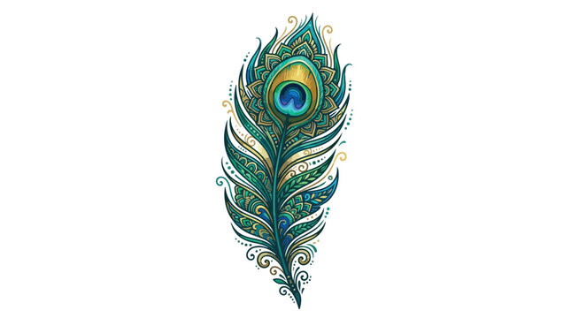 Close-up of a vibrant peacock feather showcasing intricate patterns and iridescent colors on a white background