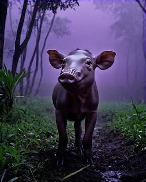 A purple babirusa baby piglet  pig hybrid fictional species, digitally created animal,  in a nightfall glade
