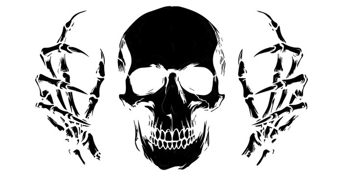 Scary human skull with skeletal hands vector, spooky halloween design element, black and white horror illustration
