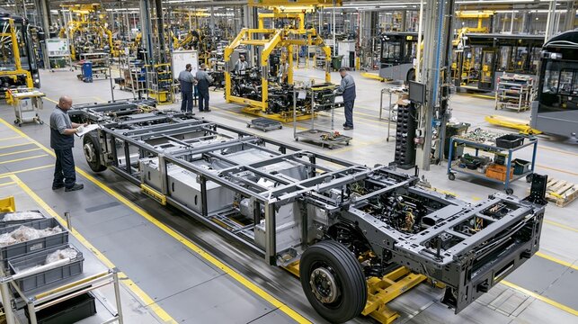 Medium shot showcasing factory staff assembling bus chassis emphasizing largescale vehicle framework and integration of structural components on the production line.