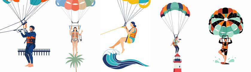 Set of flat vector illustrations depicting various people enjoying parasailing activities over tropical islands, ocean waves, and coastal landmarks. © Kenji