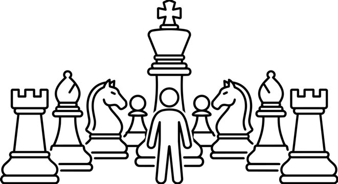 Minimalist stick figure leader with complete chess pieces lineup strategy line art