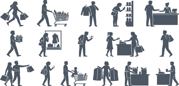 People are shopping and carrying bags in a busy retail environment.
