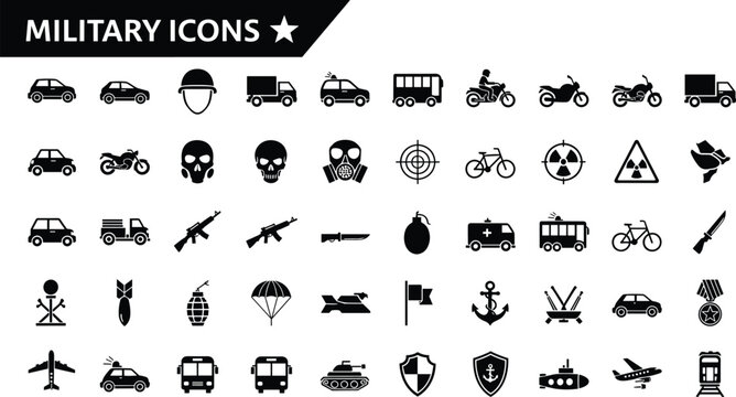 Large set of military and tactical warfare icons featuring vehicles weapons equipment and symbols for infographic design