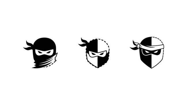 Three Black And White Ninja Mask Icons Set.