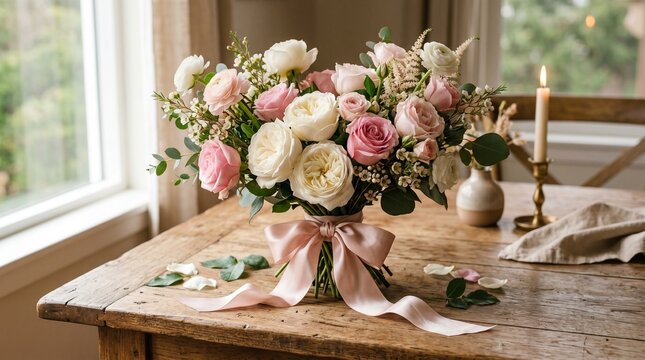 Elegant Pink White Roses Bouquet Rustic Table Ribbon
