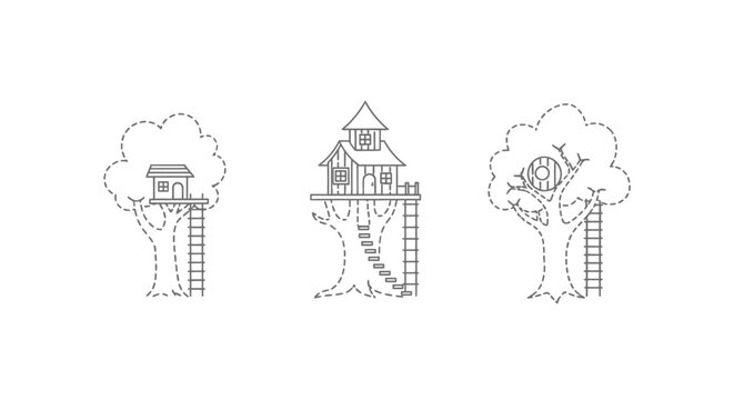 Whimsical treehouse designs with ladders and foliage illustrations.