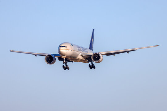 Luqa, Malta - May 19, 2026: Saudia - Saudi Arabian Airlines Cargo Boeing 777-FFG (REG: HZ-AK73) landing runway 31 in the evening.
