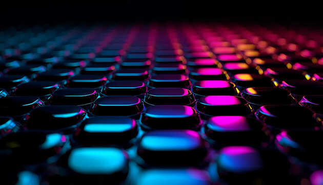 A backlit keyboard illuminated with vibrant neon colors in a dark room.