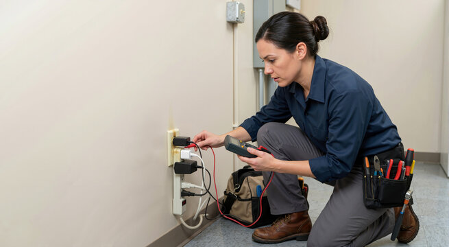 Female electrician checking overloaded wall socket with multimeter. Woman inspecting dangerous electrical outlet with scorch marks
